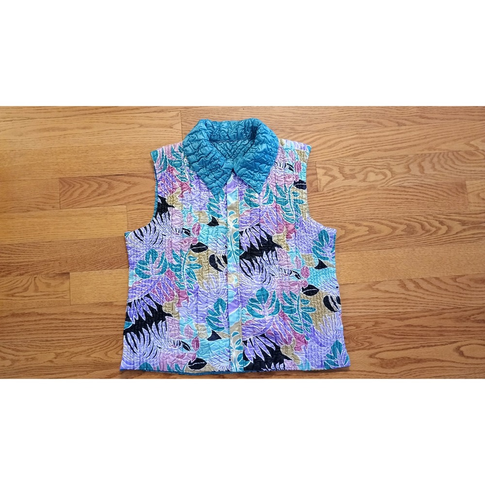 The magic scarf co vintage‎ crinkle Floral Vest Women's S-L Turquoise Blue